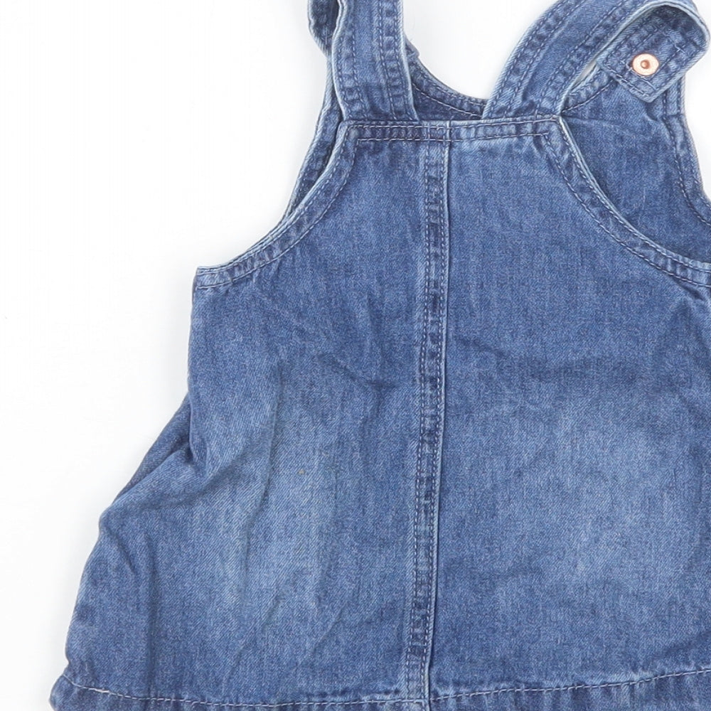 F&F Baby Blue  Cotton Pinafore/Dungaree Dress  Size 6-9 Months  Crew Neck Snap