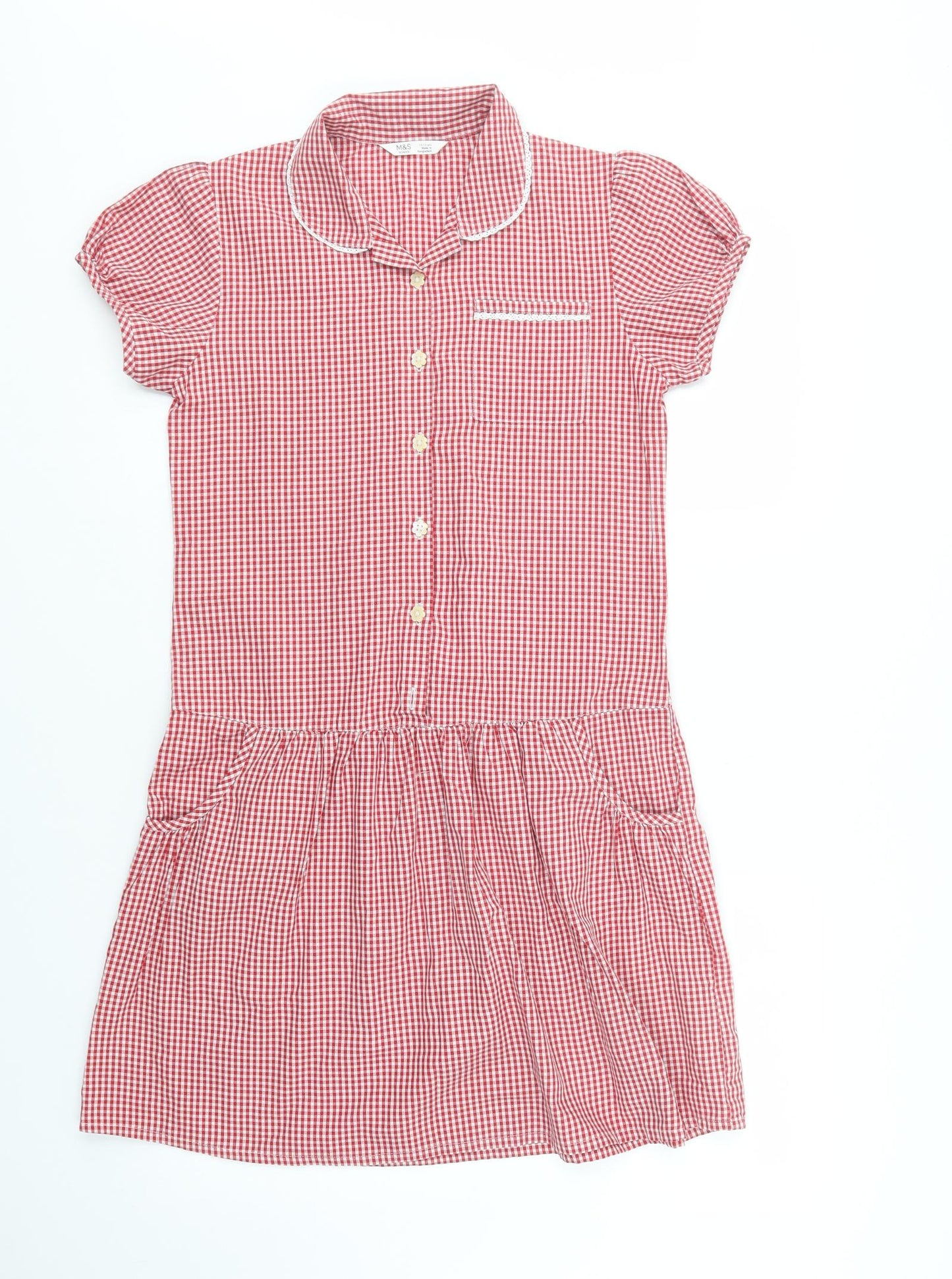 Marks and Spencer Girls Red Gingham Cotton Shirt Dress  Size 12-13 Years  Collared Button - School Wear