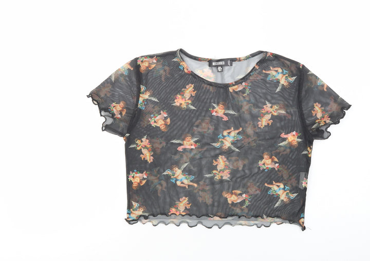 Missguided Womens Black Geometric Polyester Cropped Blouse Size 8 Crew Neck - Cherub Print