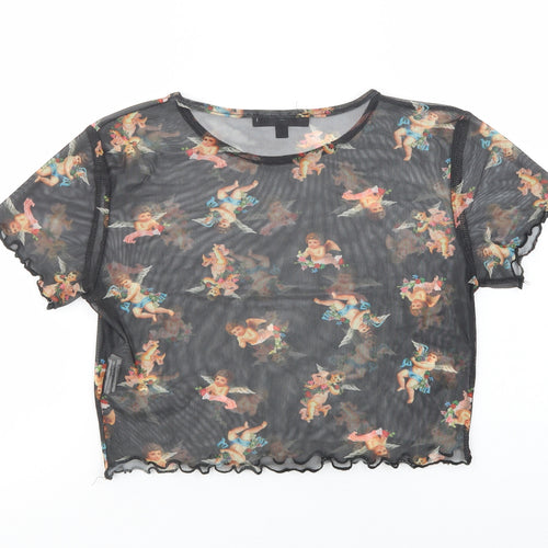 Missguided Womens Black Geometric Polyester Cropped Blouse Size 8 Crew Neck - Cherub Print
