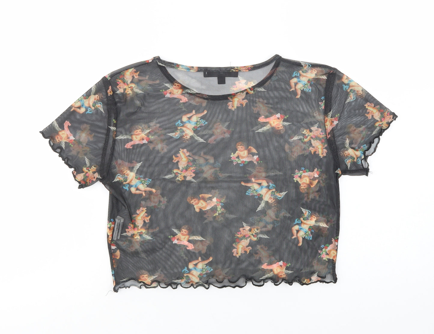Missguided Womens Black Geometric Polyester Cropped Blouse Size 8 Crew Neck - Cherub Print