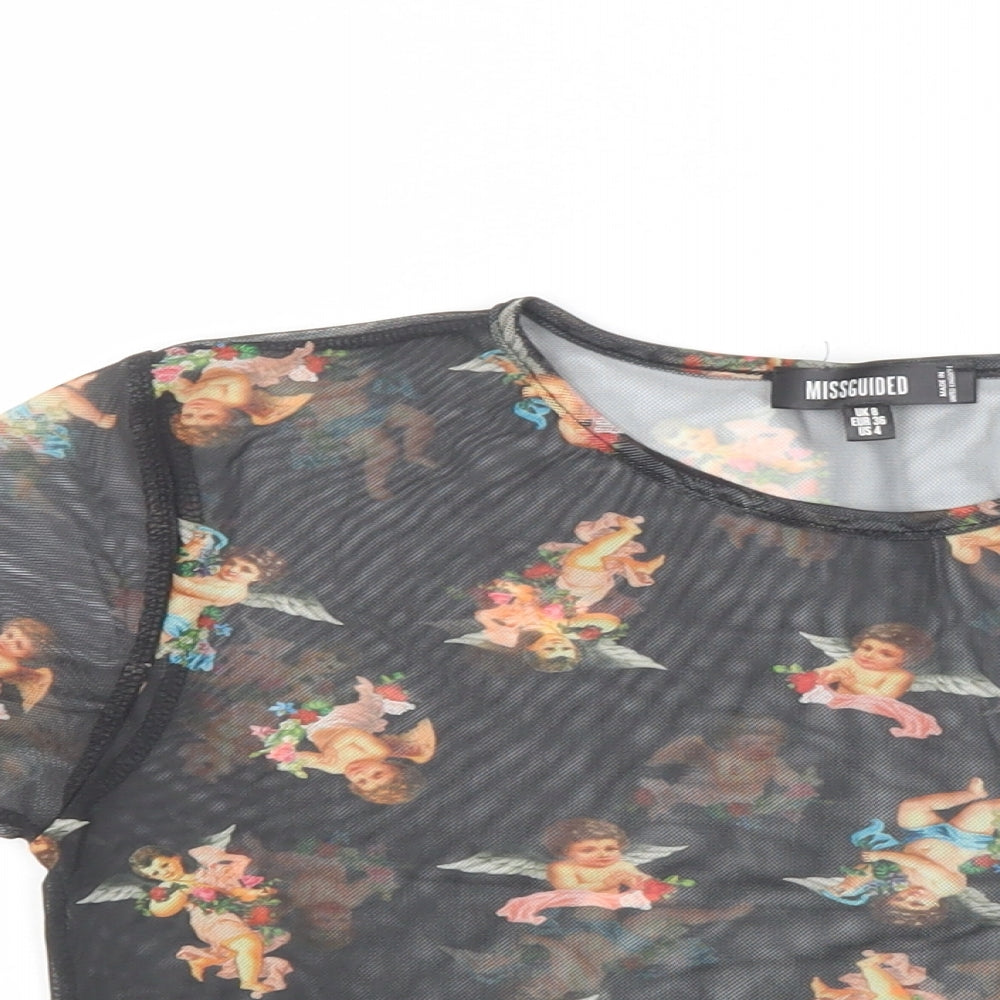 Missguided Womens Black Geometric Polyester Cropped Blouse Size 8 Crew Neck - Cherub Print