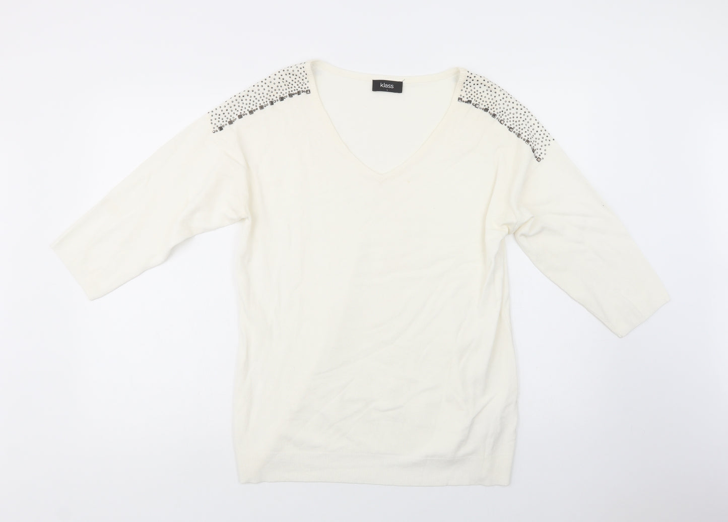 Klass Womens Ivory V-Neck  Viscose Pullover Jumper Size L