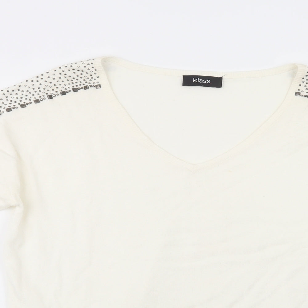 Klass Womens Ivory V-Neck  Viscose Pullover Jumper Size L