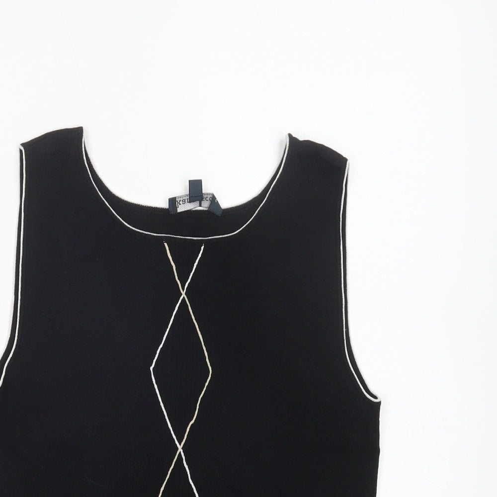 Karen Scott Womens Black Geometric Viscose Basic Tank Size 10 Crew Neck