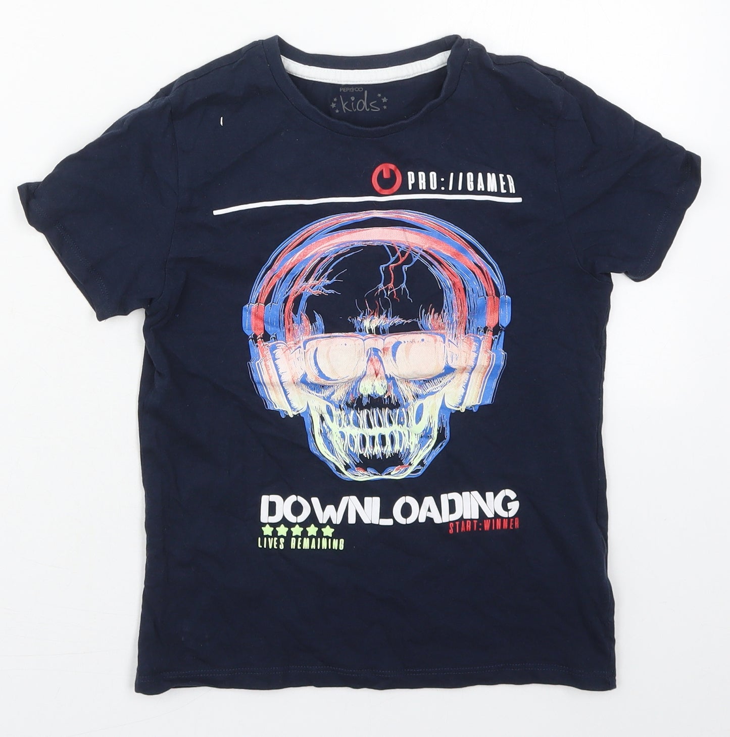 Pep&Co Boys Blue  Cotton Basic T-Shirt Size 8-9 Years Crew Neck Pullover - Downloading Skull