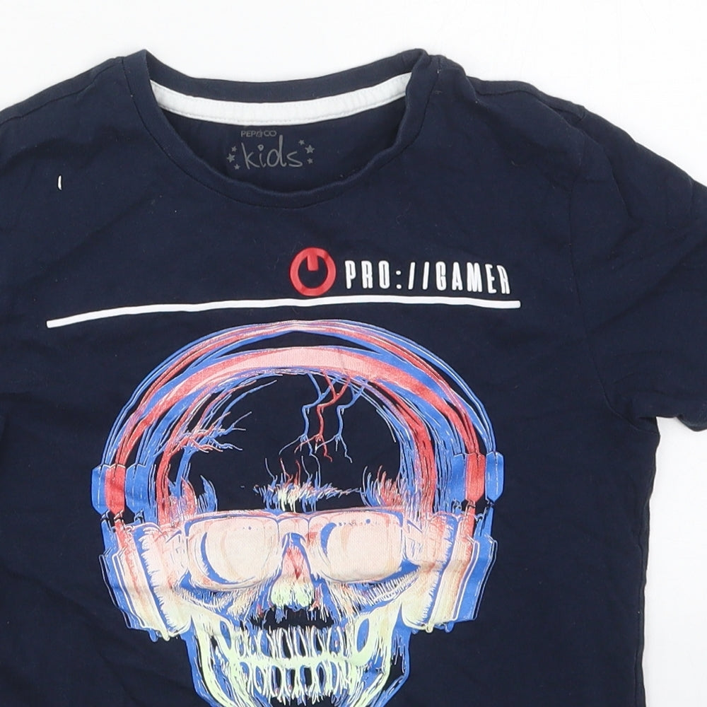 Pep&Co Boys Blue  Cotton Basic T-Shirt Size 8-9 Years Crew Neck Pullover - Downloading Skull