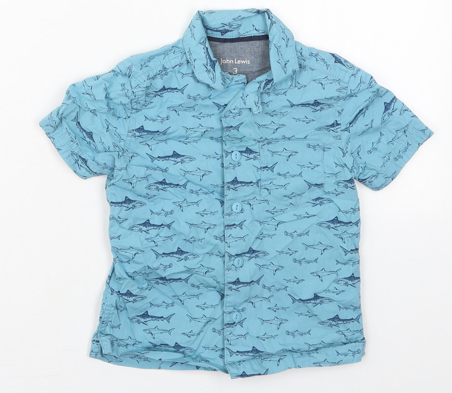 John Lewis Boys Blue  Cotton Basic Button-Up Size 3 Years Collared Button - Sharks