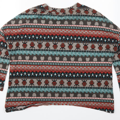 QED London Womens Brown Geometric Polyester Basic T-Shirt Size 10 Crew Neck