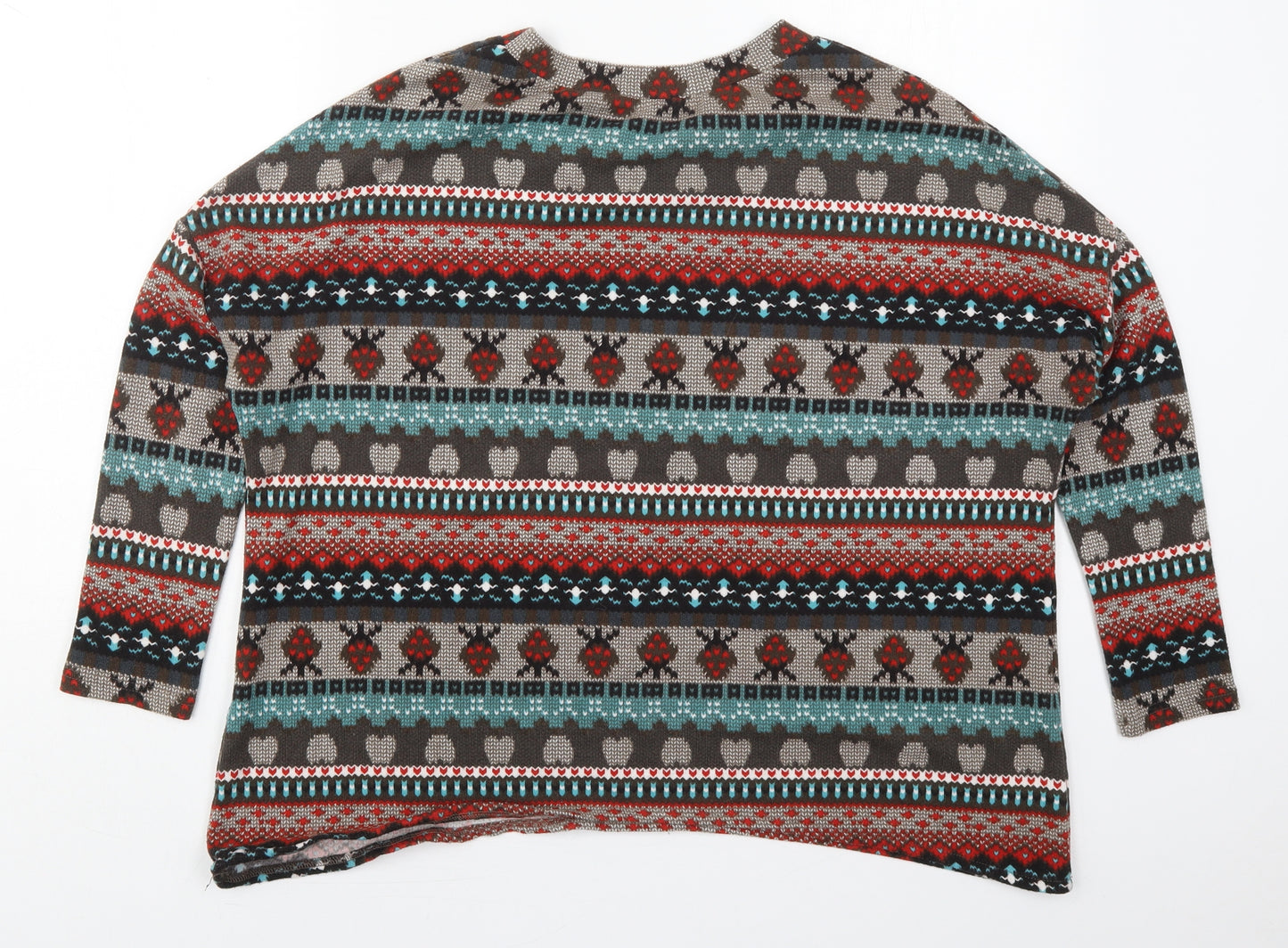 QED London Womens Brown Geometric Polyester Basic T-Shirt Size 10 Crew Neck
