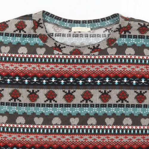 QED London Womens Brown Geometric Polyester Basic T-Shirt Size 10 Crew Neck