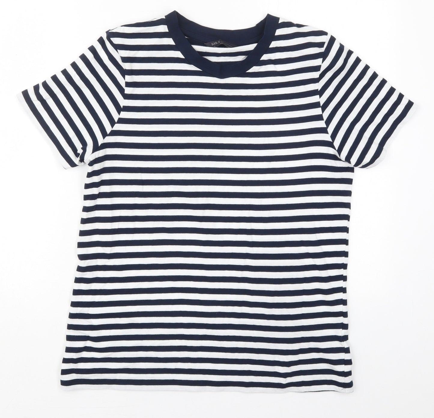 Marks and Spencer Womens Blue Striped Cotton Basic T-Shirt Size 16 Crew Neck