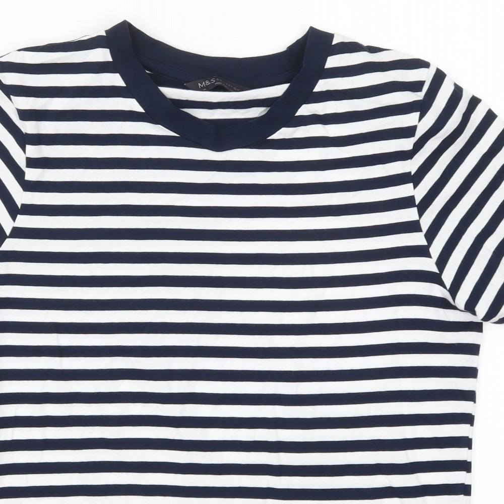 Marks and Spencer Womens Blue Striped Cotton Basic T-Shirt Size 16 Crew Neck