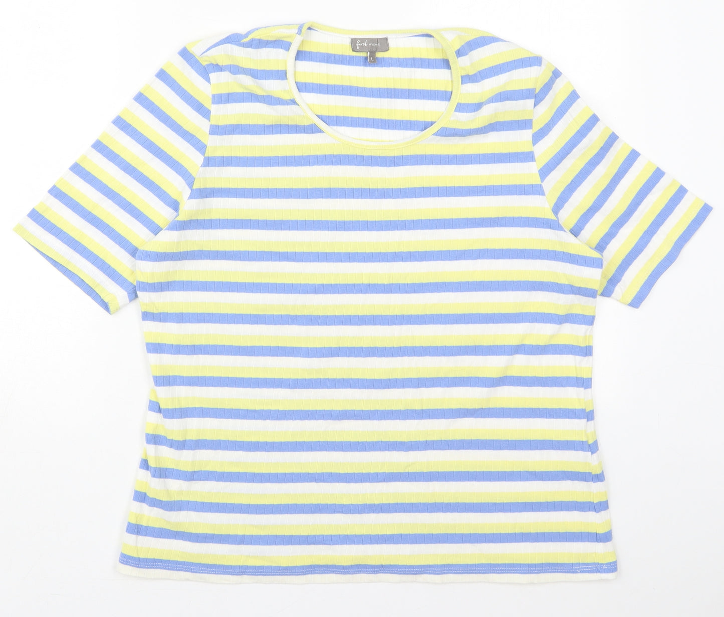 First Avenue Womens Blue Striped Cotton Basic T-Shirt Size L Round Neck - Yellow
