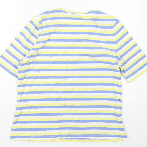 First Avenue Womens Blue Striped Cotton Basic T-Shirt Size L Round Neck - Yellow