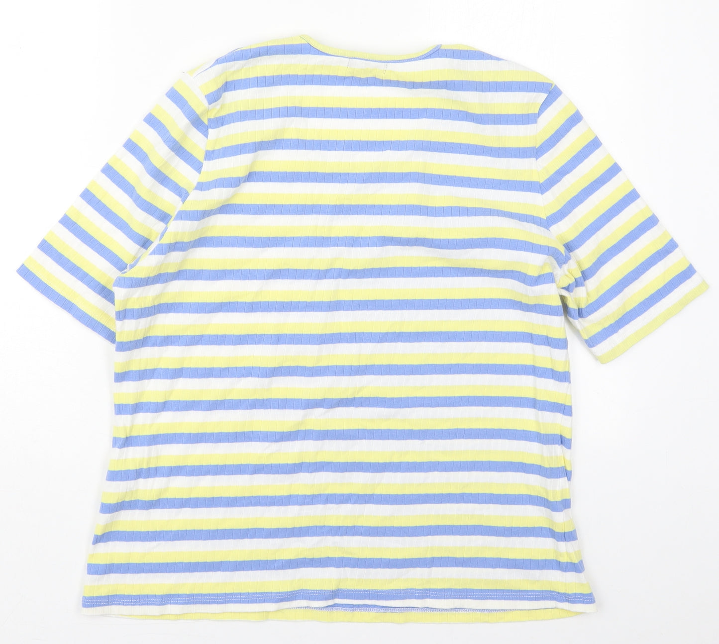 First Avenue Womens Blue Striped Cotton Basic T-Shirt Size L Round Neck - Yellow