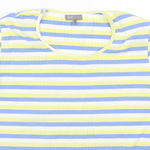 First Avenue Womens Blue Striped Cotton Basic T-Shirt Size L Round Neck - Yellow
