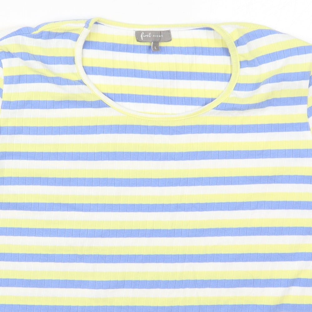 First Avenue Womens Blue Striped Cotton Basic T-Shirt Size L Round Neck - Yellow