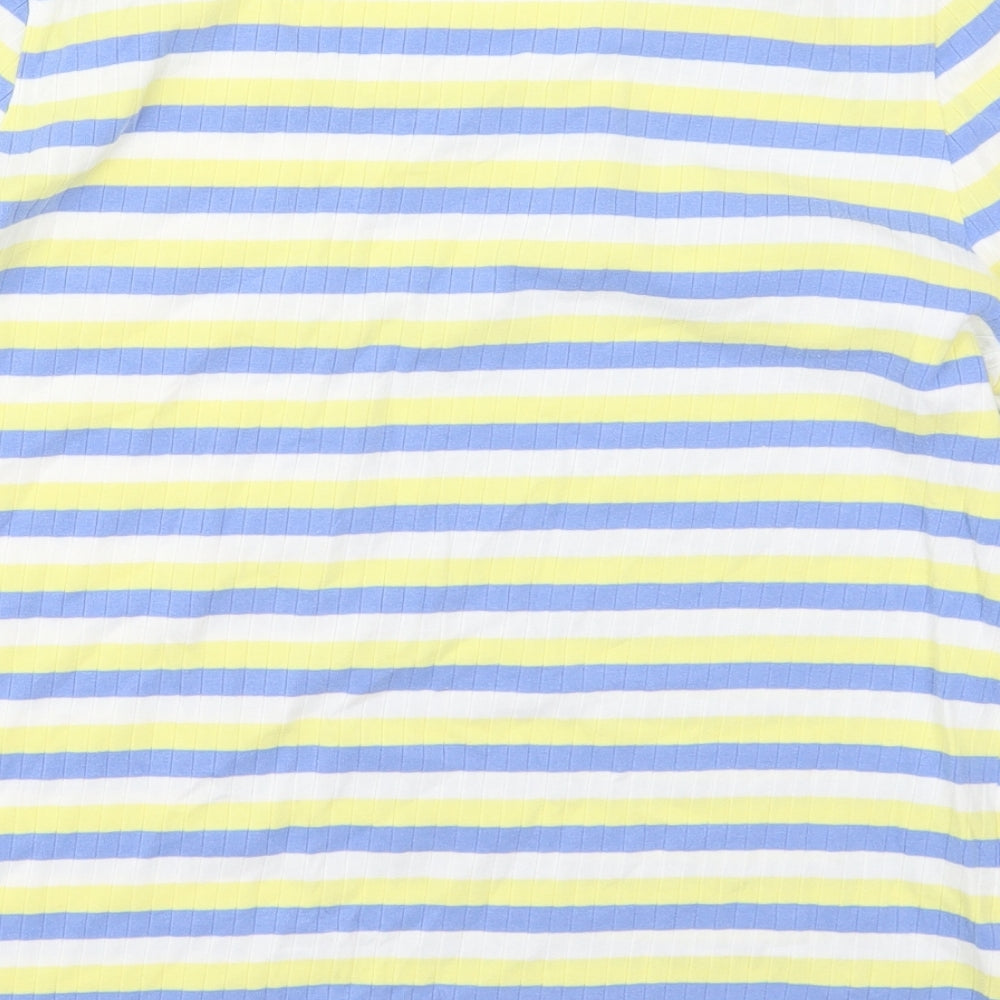 First Avenue Womens Blue Striped Cotton Basic T-Shirt Size L Round Neck - Yellow