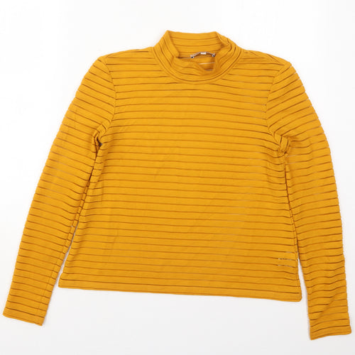 Marks and Spencer Womens Orange Striped Polyester Basic T-Shirt Size 8 Mock Neck