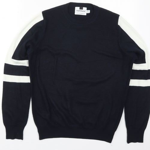 Topman Mens Blue Crew Neck Striped Acrylic Pullover Jumper Size S