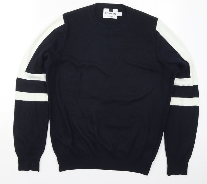 Topman Mens Blue Crew Neck Striped Acrylic Pullover Jumper Size S