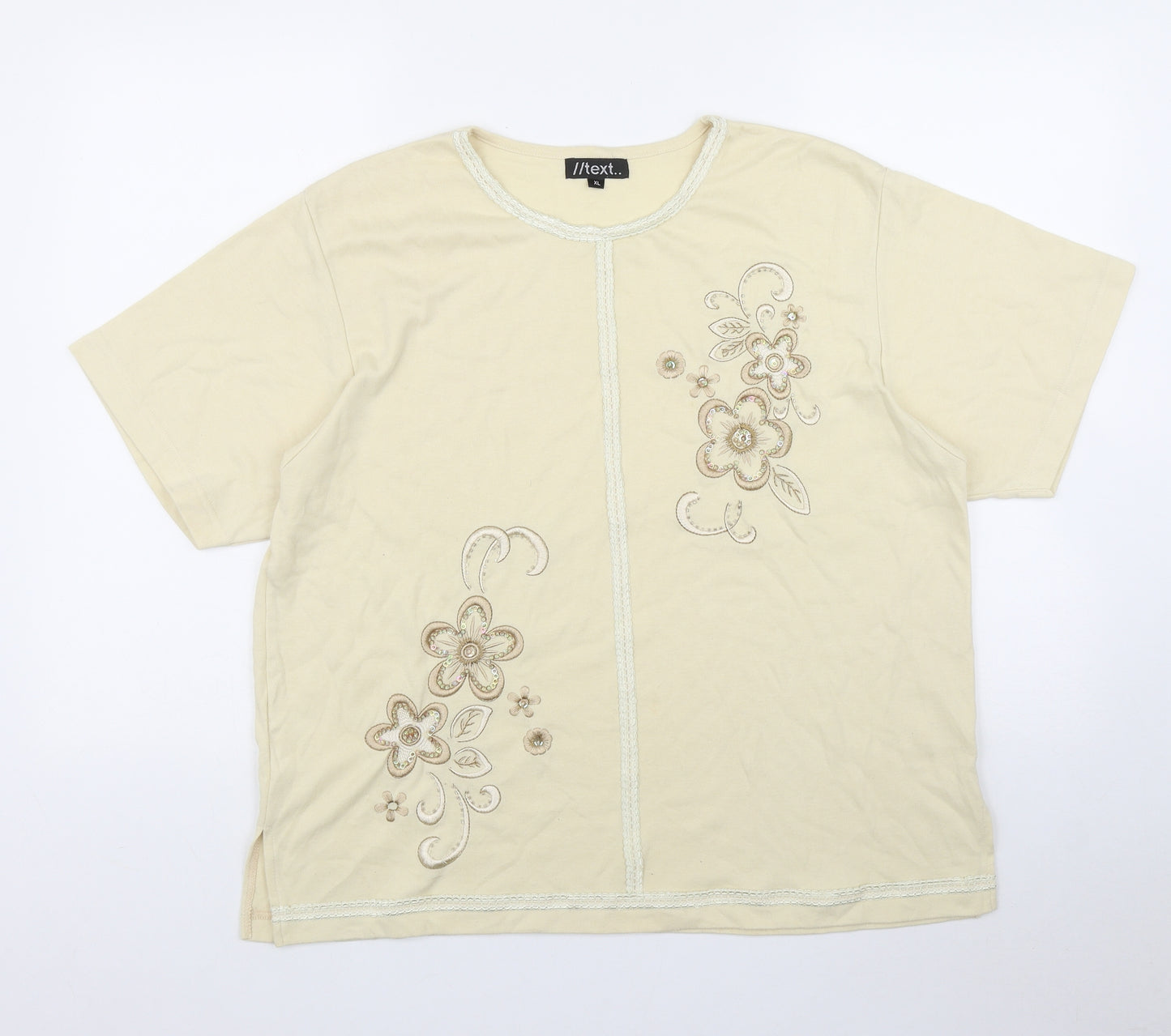 //text.. Womens Yellow  Polyester Basic T-Shirt Size XL Round Neck