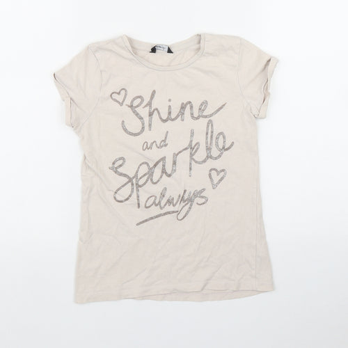 George Girls Beige  Cotton Basic T-Shirt Size 7-8 Years Round Neck  - 'Shine and Sparkle always'