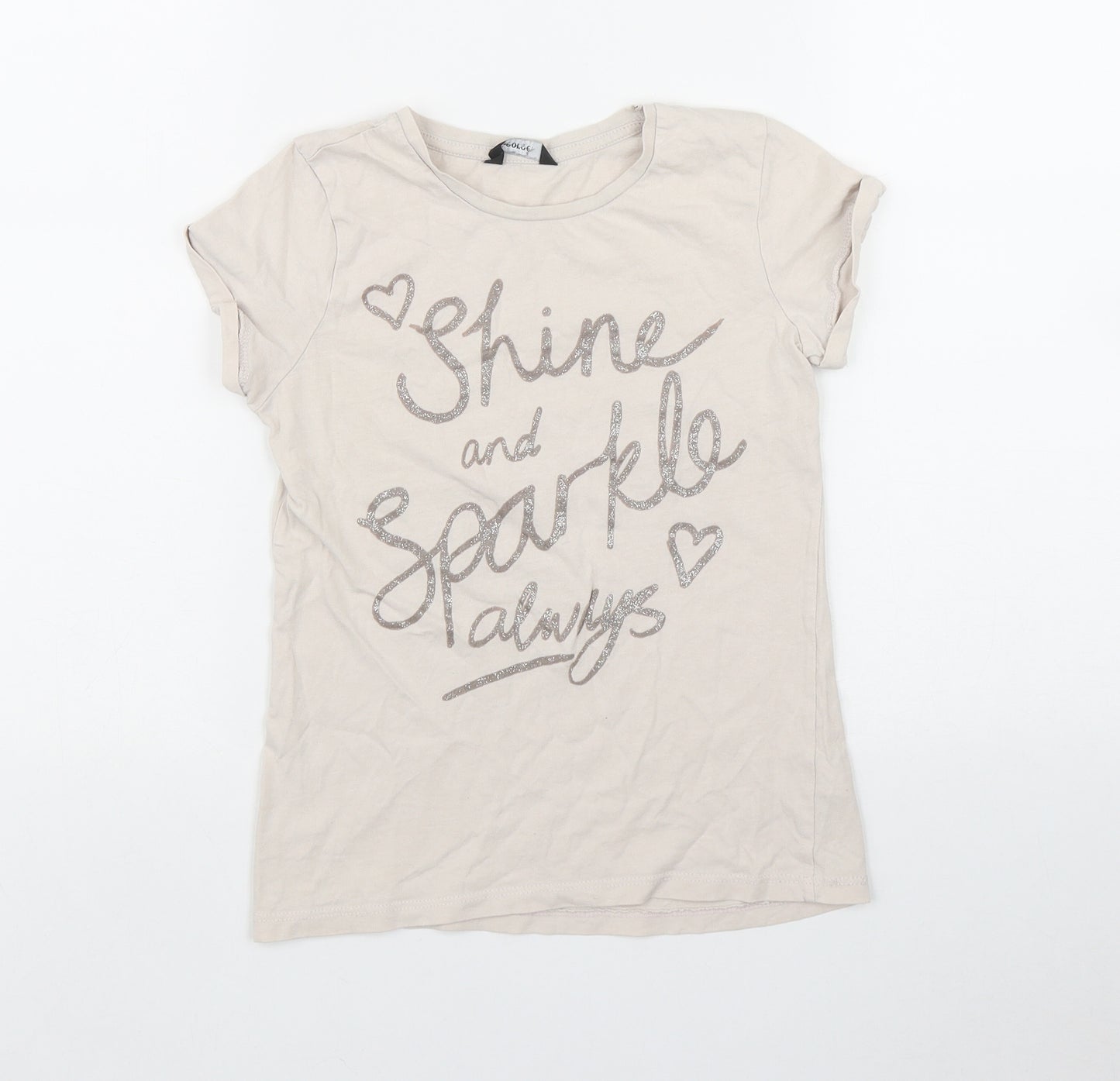 George Girls Beige  Cotton Basic T-Shirt Size 7-8 Years Round Neck  - 'Shine and Sparkle always'