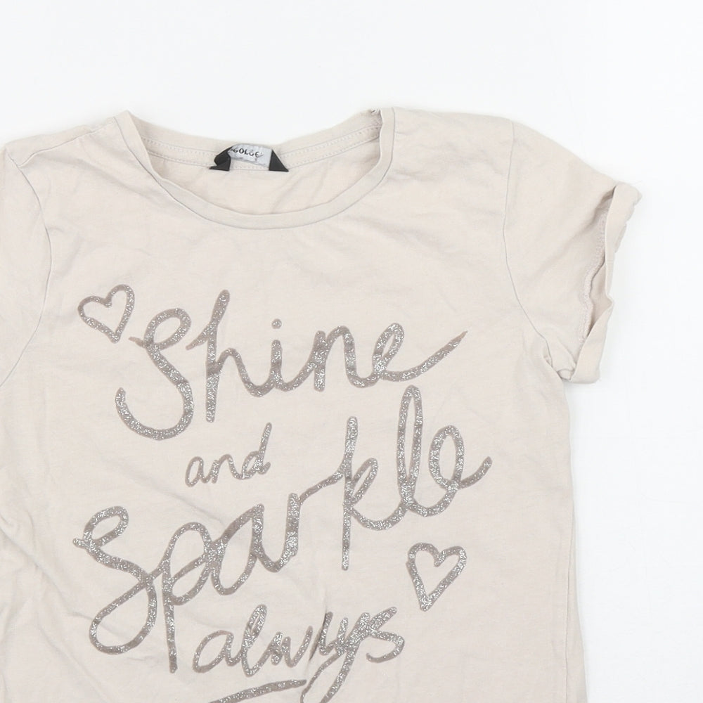 George Girls Beige  Cotton Basic T-Shirt Size 7-8 Years Round Neck  - 'Shine and Sparkle always'
