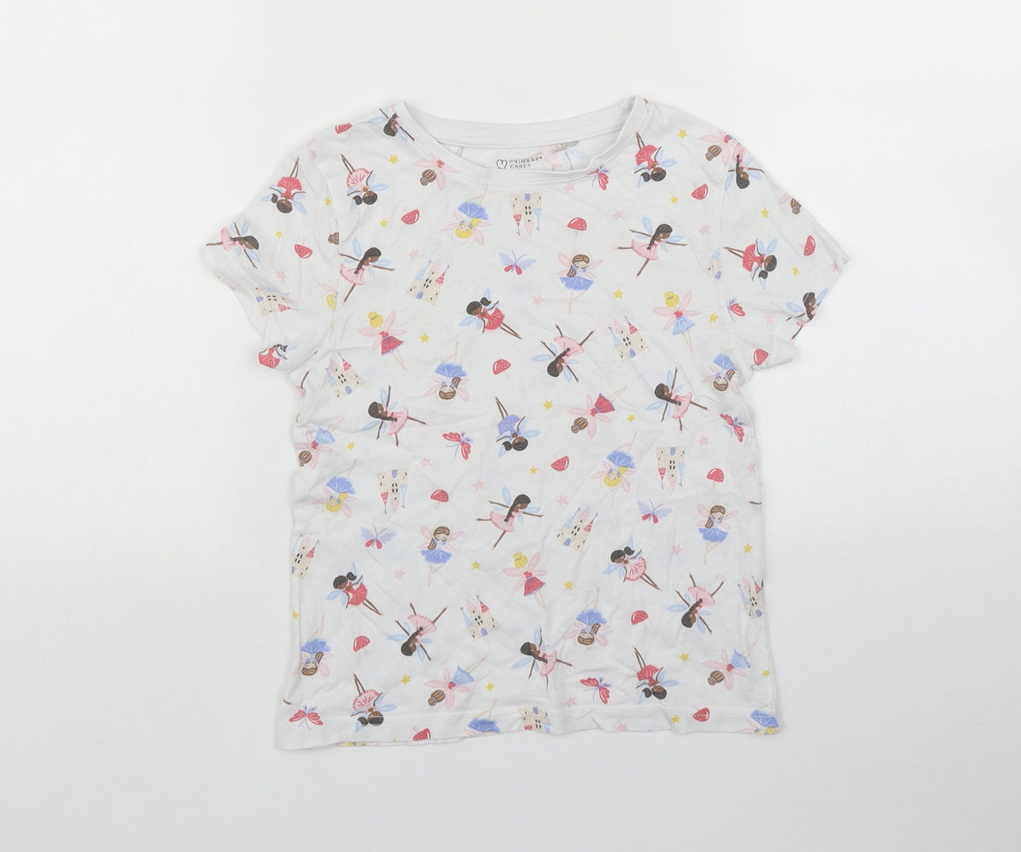 Primark Girls White Geometric Polyester Basic T-Shirt Size 6-7 Years Round Neck