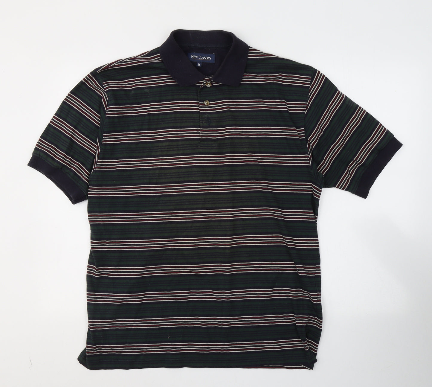 New Classics Mens Green Striped Cotton  Polo Size M Collared Pullover