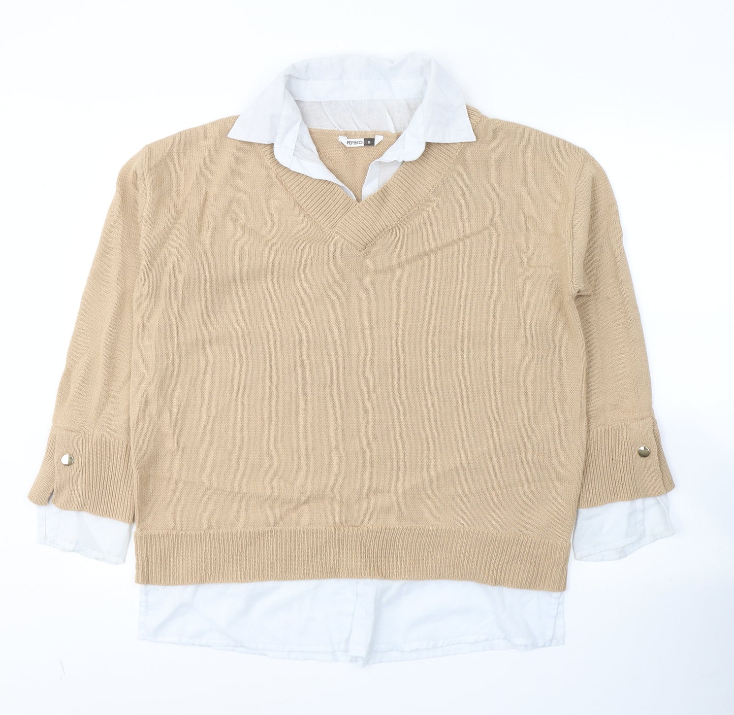 Pep&Co Womens Beige Collared  Acrylic Pullover Jumper Size 12