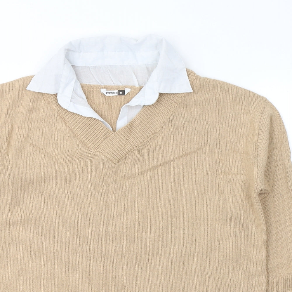 Pep&Co Womens Beige Collared  Acrylic Pullover Jumper Size 12