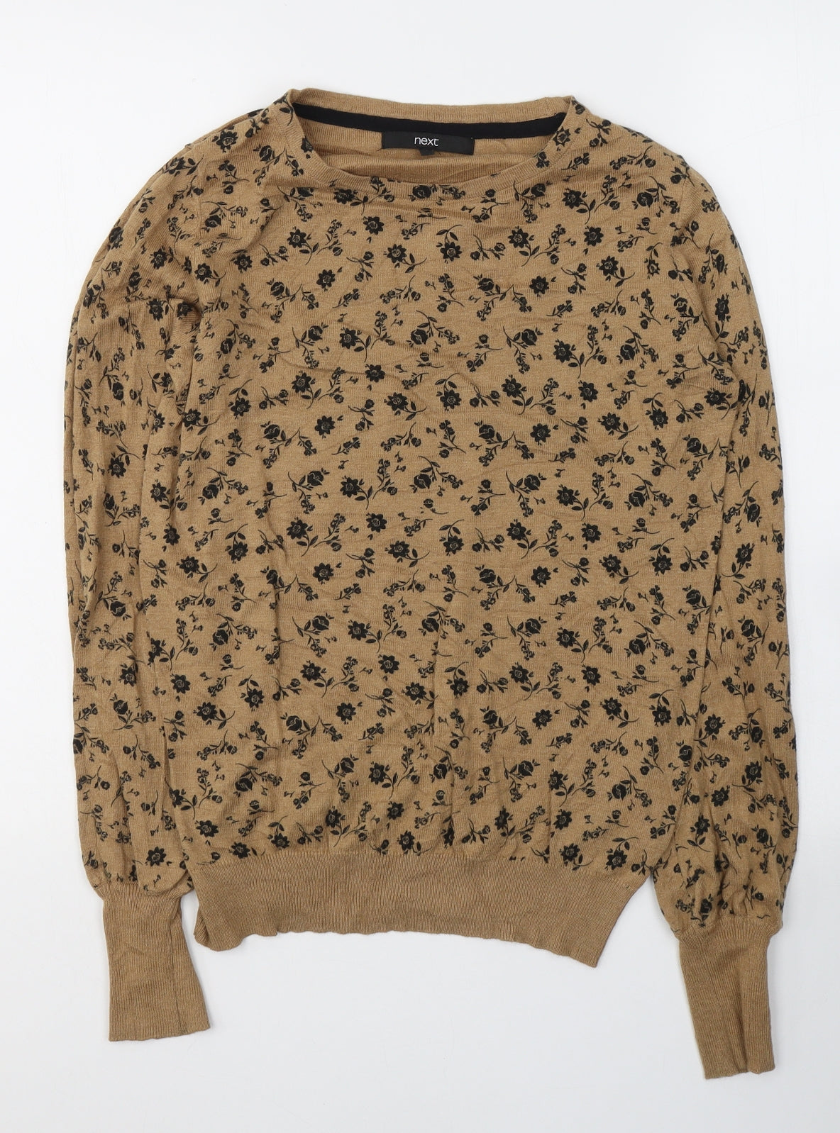 NEXT Womens Beige Floral Cotton Basic Blouse Size 8 Round Neck