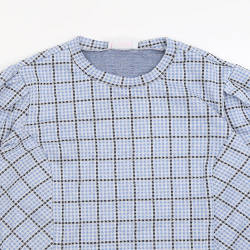 savida Womens Blue Plaid Polyacrylate Fibre Basic T-Shirt Size M Crew Neck