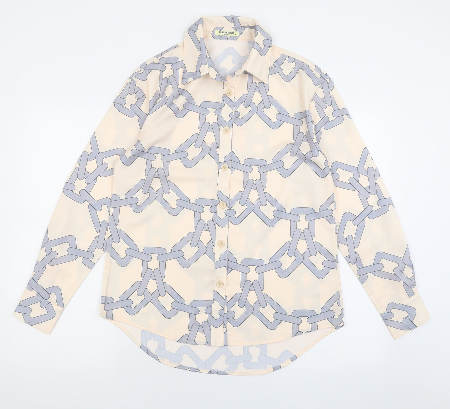 Drole de copine Womens Beige Geometric Polyester Basic Button-Up Size S Collared