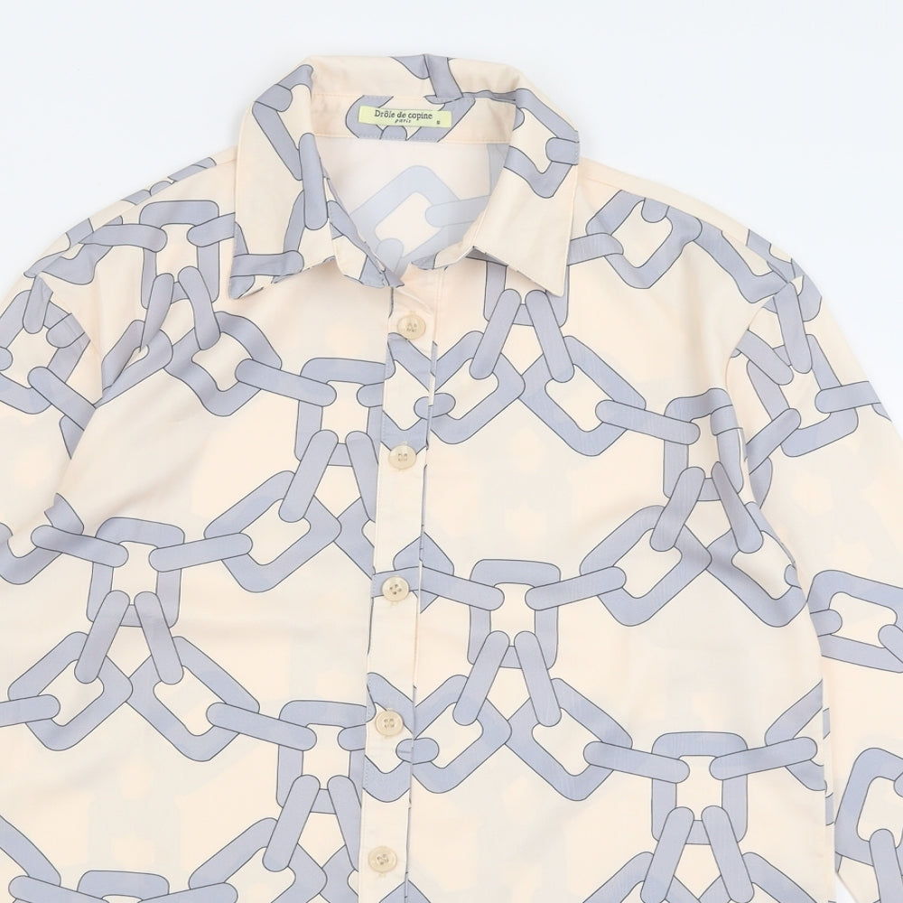 Drole de copine Womens Beige Geometric Polyester Basic Button-Up Size S Collared