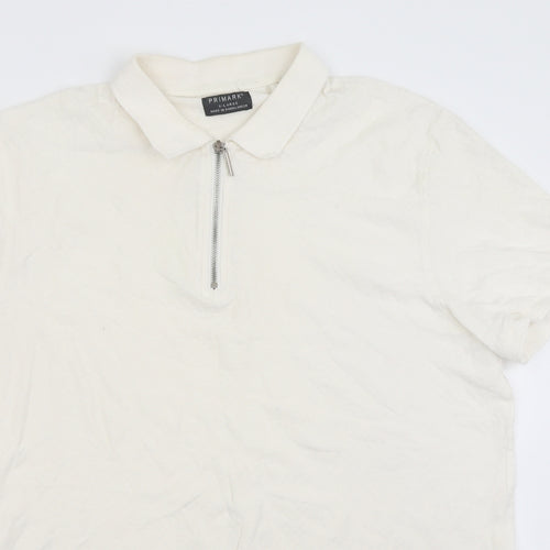 Primark Mens White  Cotton  Polo Size XL Collared Zip