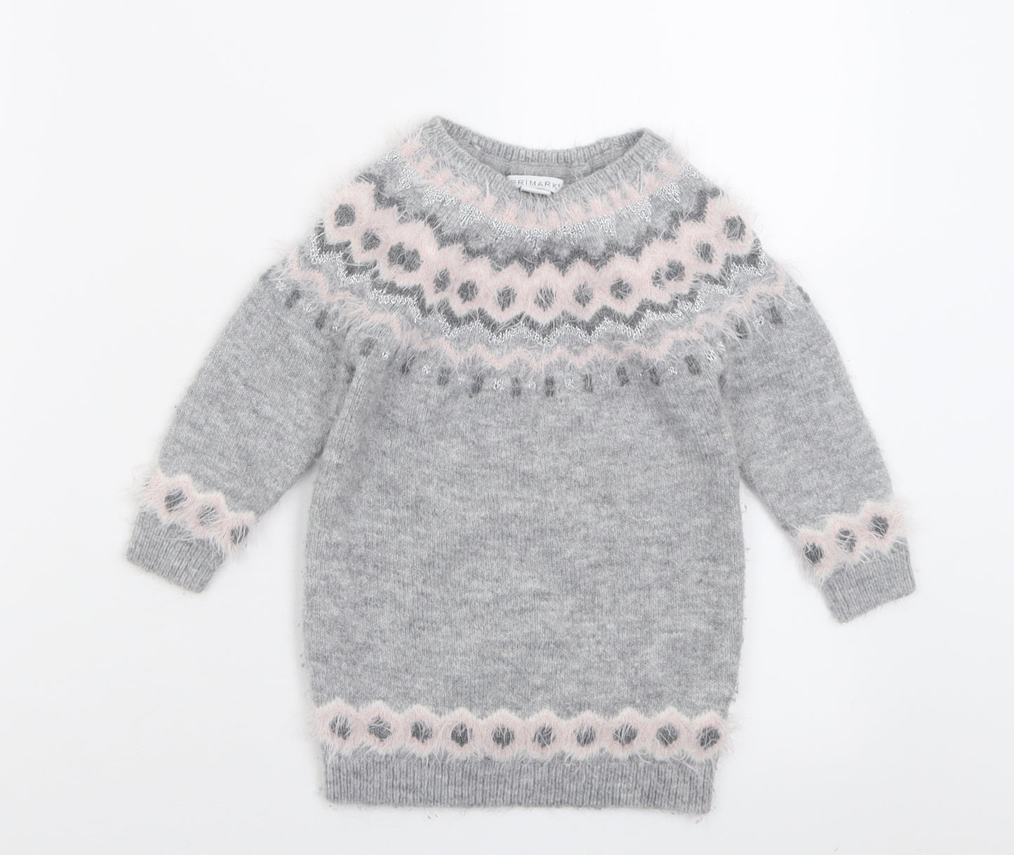 Primark Girls Grey Crew Neck Geometric Acrylic Pullover Jumper Size 3-4 Years  Pullover