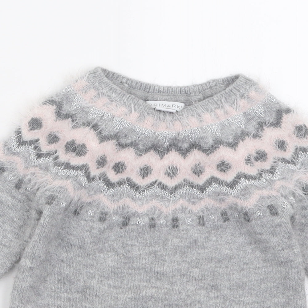 Primark Girls Grey Crew Neck Geometric Acrylic Pullover Jumper Size 3-4 Years  Pullover