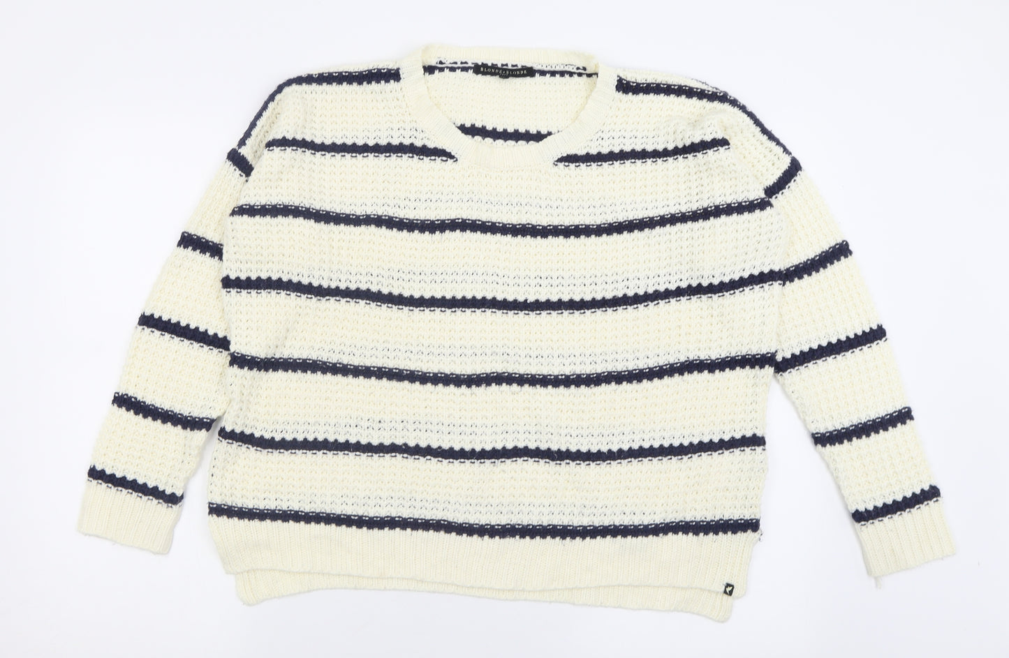 Blonde & Blonde Womens Ivory Scoop Neck Striped Acrylic Pullover Jumper Size 10