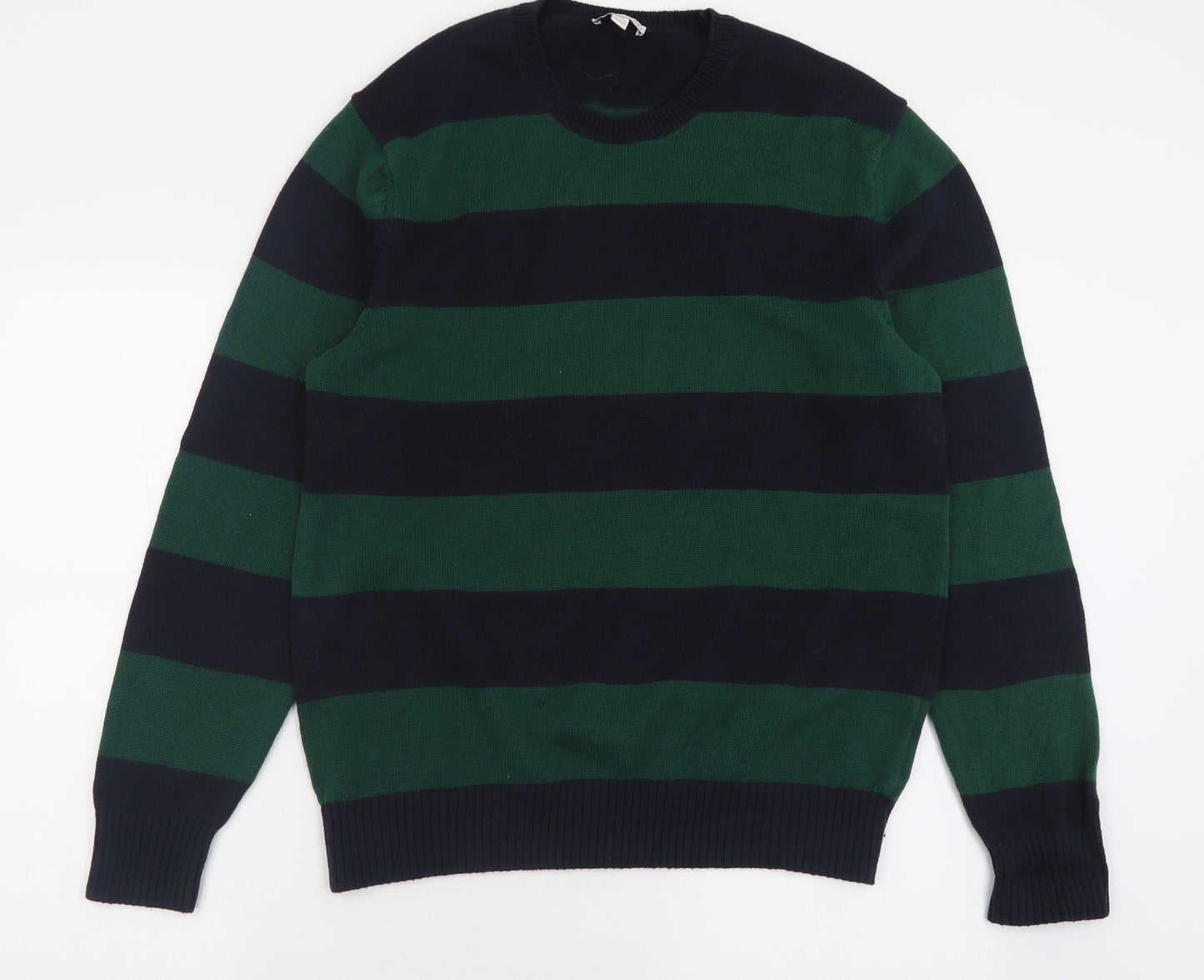 Gap Mens Green Crew Neck Striped Cotton Pullover Jumper Size L
