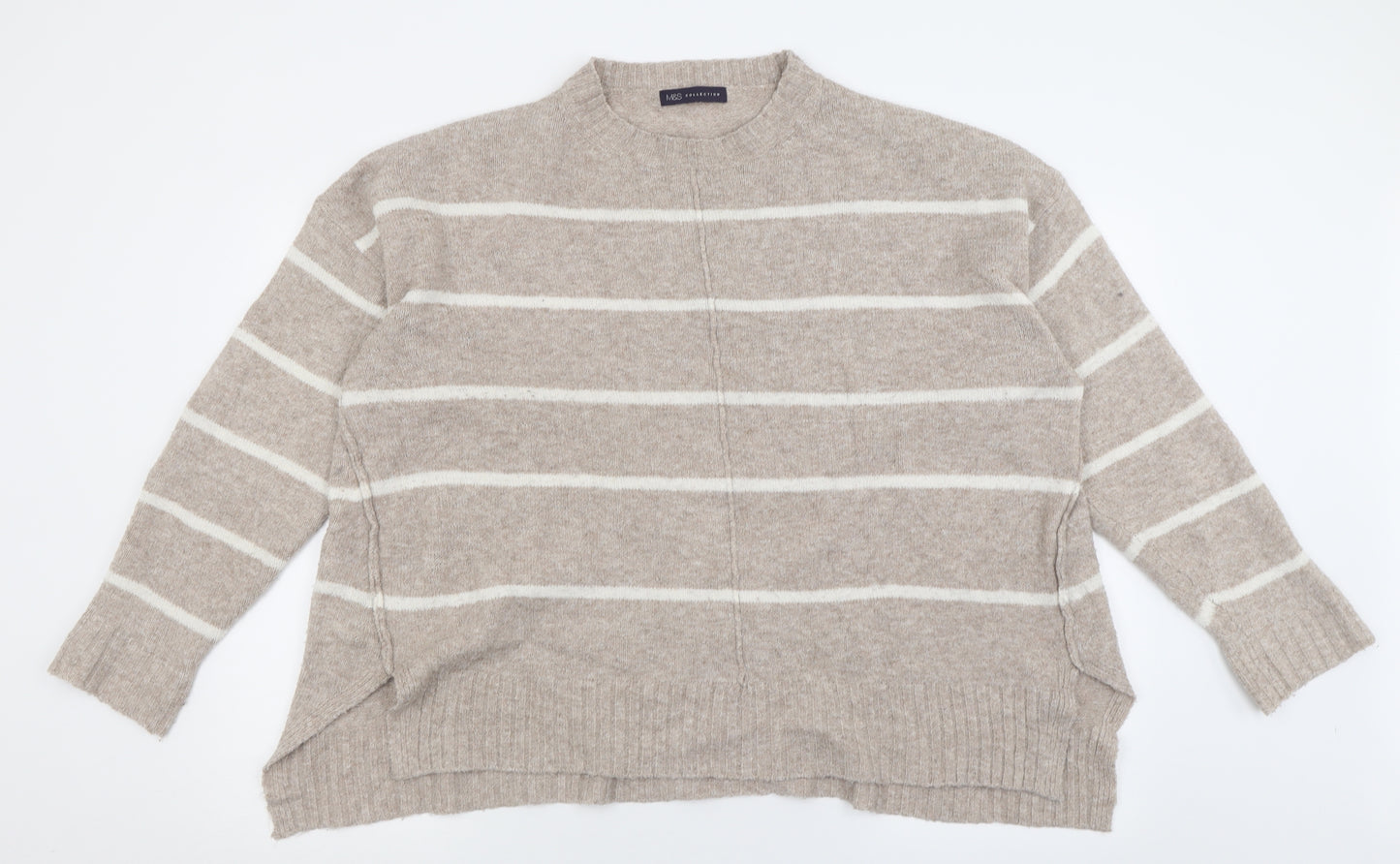 Marks and Spencer Womens Beige Crew Neck Striped Acrylic Pullover Jumper Size XL