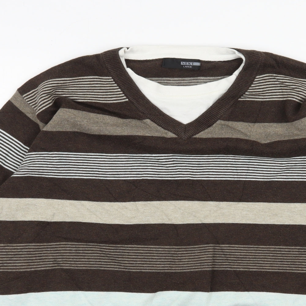 NEXT Mens Brown Round Neck Striped Cotton Pullover Jumper Size L