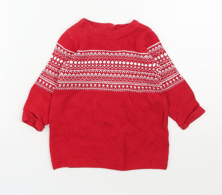 NEXT Girls Red Fair Isle Cotton Tunic Jumper Size 6-9 Months  Pullover