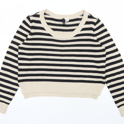 H&M Womens Beige Scoop Neck Striped Acrylic Pullover Jumper Size 10