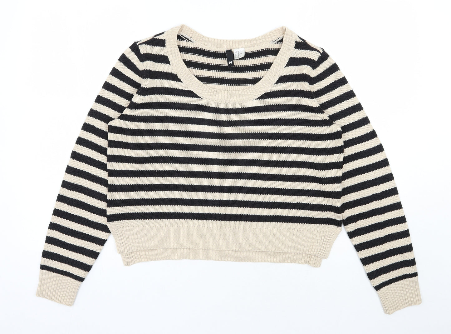 H&M Womens Beige Scoop Neck Striped Acrylic Pullover Jumper Size 10