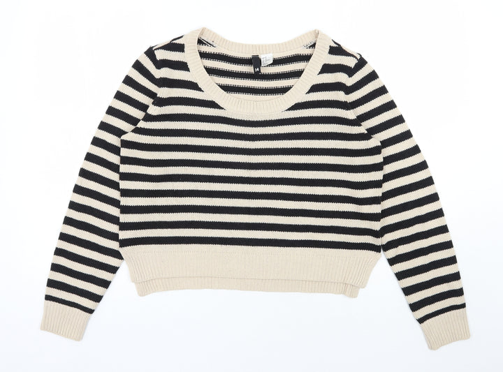 H&M Womens Beige Scoop Neck Striped Acrylic Pullover Jumper Size 10