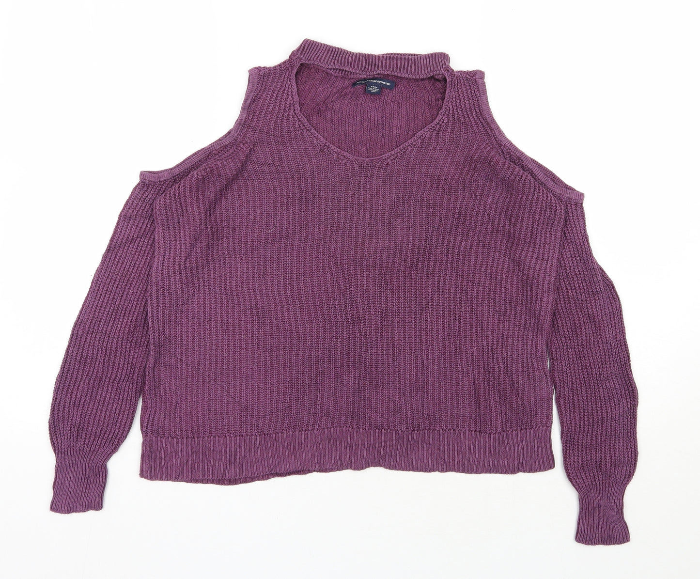 American Eagle Outfitters Womens Purple V-Neck  Nylon Pullover Jumper Size S   - Cold shoulder